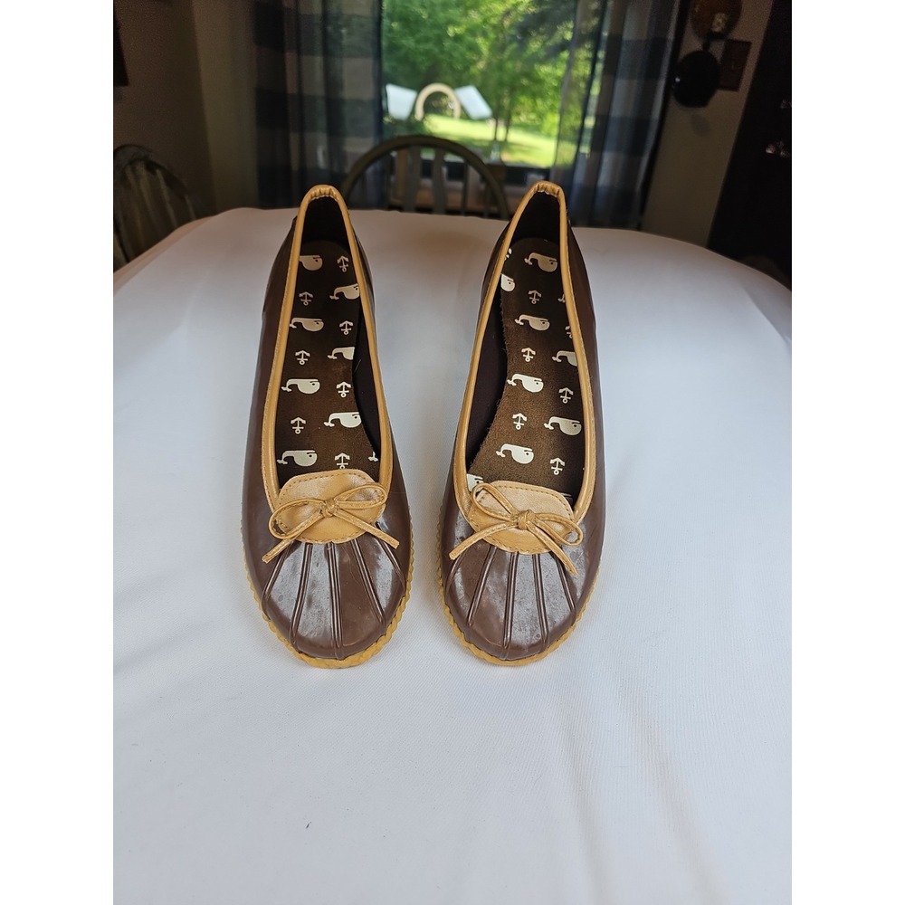 London Fog Webster Women's Duck Slip On Rubber Rain Shoes Dk. Brown/ Tan Size 11 - Picture 4 of 11